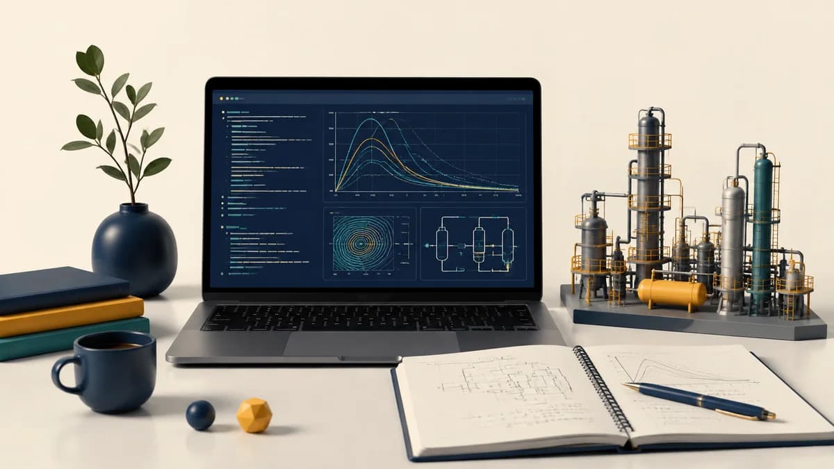 لپتاپ با نمودارهای محاسباتی کنار مدل تجهیزات فرایندی و دفتر یادداشت