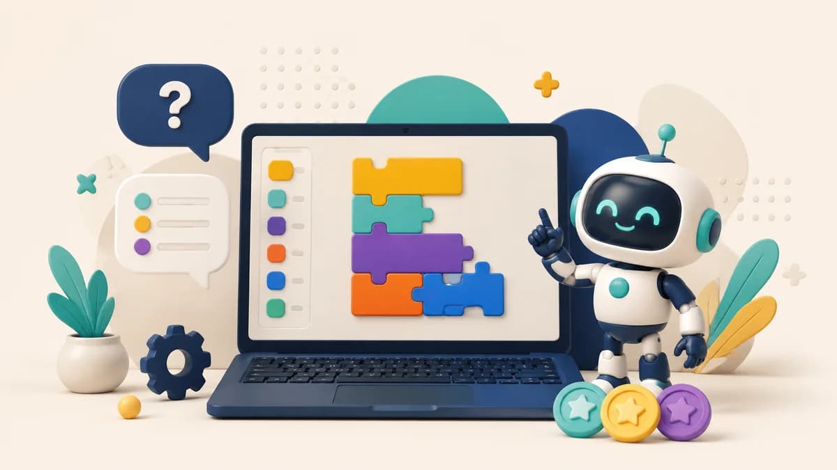 لپتاپ با بلوکهای رنگی برنامهنویسی و شخصیت ربات کنار نماد پرسش