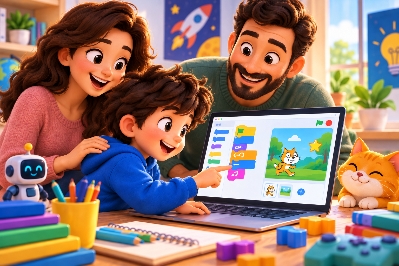 کودک در حال یادگیری برنامه‌نویسی تصویری و ساخت بازی با بلوک‌های شبیه Scratch